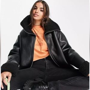 ASOS DESIGN borg faux leather aviator in black